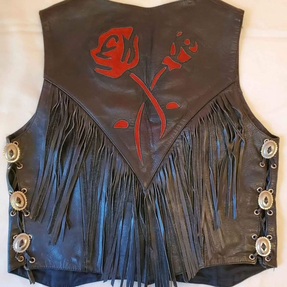 Interstate Leather M Vintage Black Authentic Leather Red Rose Fringe Vest - Picture 3 of 8